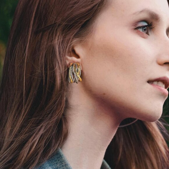 Two Tone Silver Gold Huggie Hoop Earrings with Crossover Twisted Rope Design for - Picture 2 of 6